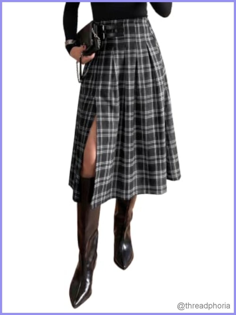 High Waist Side Slit Plaid Skirt Midi A-Line Pleated